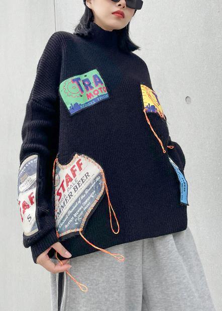 Winter Black Clothes High Neck Patchwork Sweaters