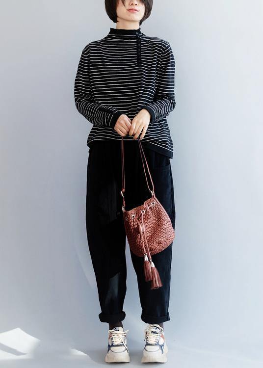Winter Black Gray Stripe Clothes Side Open Collar Clothing Wild Knitwear