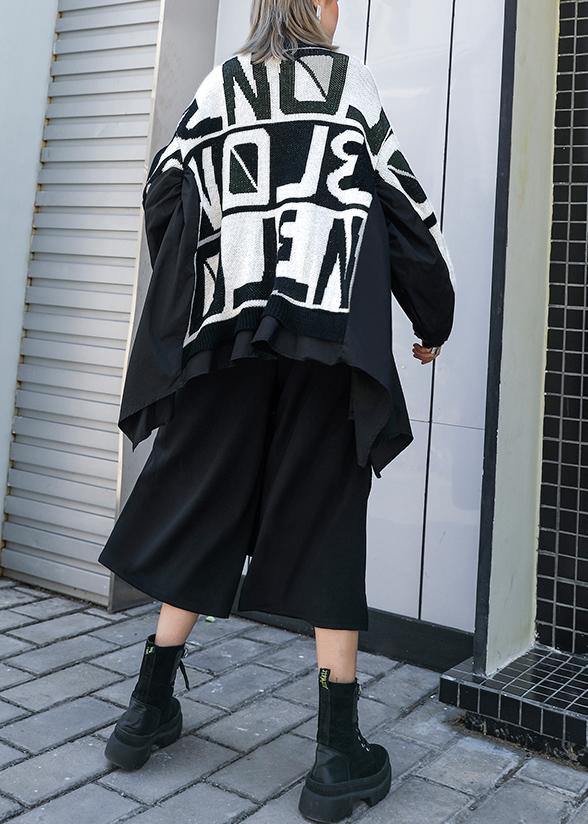 Winter Black Knitted T Shirt O Neck Patchwork Knit Sweat Tops