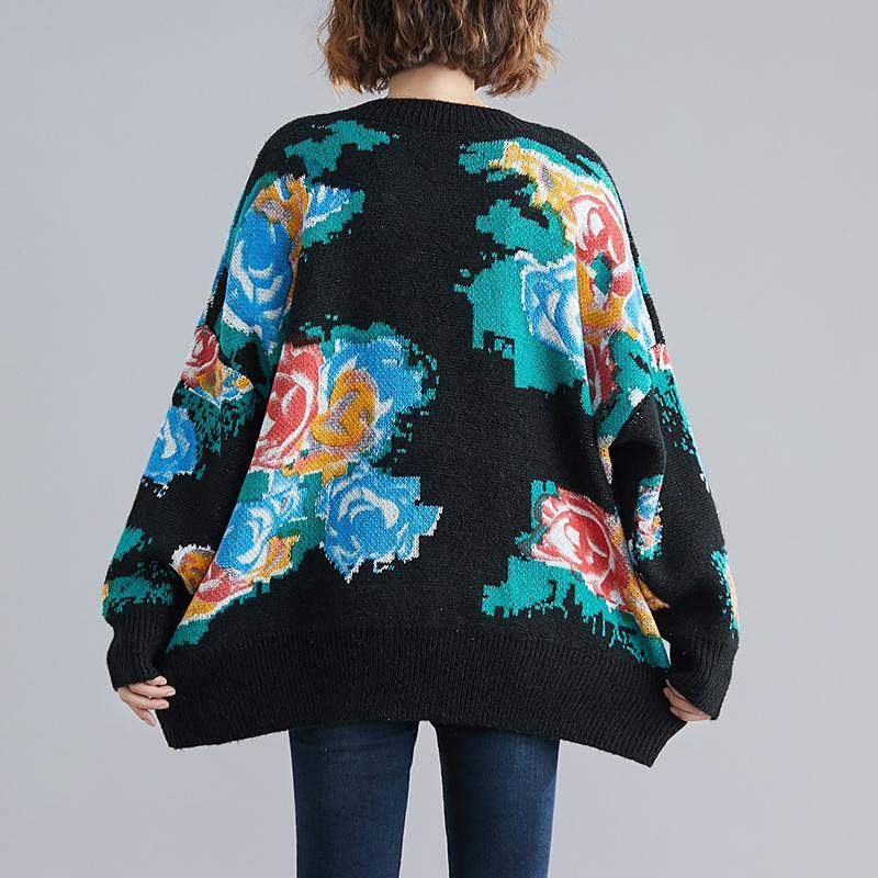 Winter Black Print Knitted T Shirt O Neck Knit Sweat Tops