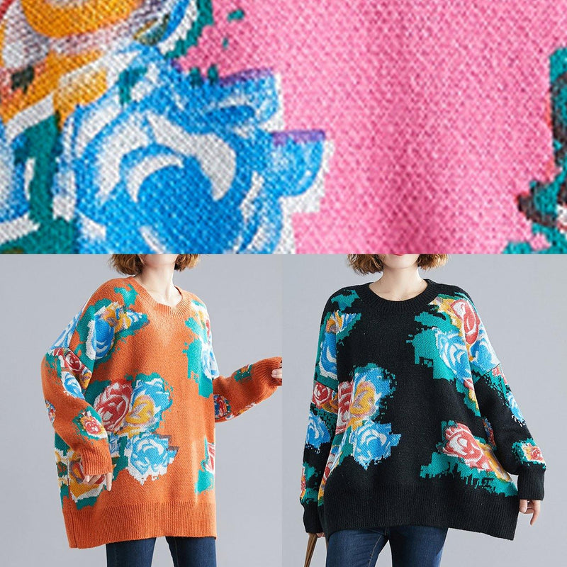 Winter Black Print Knitted T Shirt O Neck Knit Sweat Tops