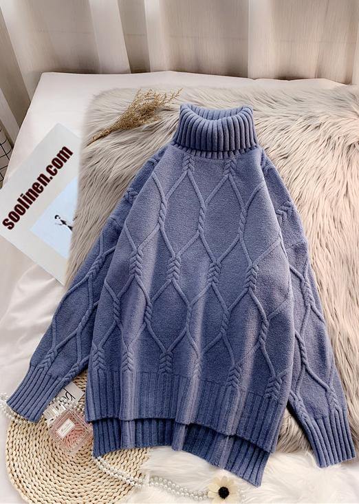 Winter Blue Clothes High Neck Baggy Oversize Knit Tops