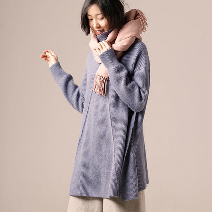 Winter Blue Knitted Outwear Loose Fitting High Neck a Line Knitwear