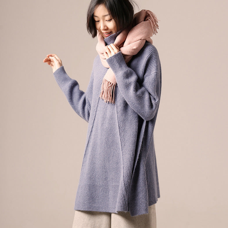 Winter Blue Knitted Outwear Loose Fitting High Neck a Line Knitwear