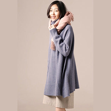 Winter Blue Knitted Outwear Loose Fitting High Neck a Line Knitwear