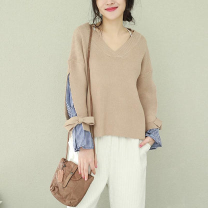 Winter Brown Knit Tops V Neck Knit Sweat Tops False Two Pieces