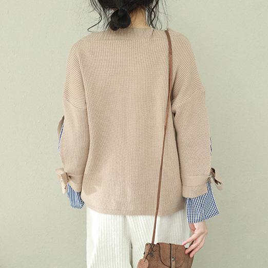 Winter Brown Knit Tops V Neck Knit Sweat Tops False Two Pieces