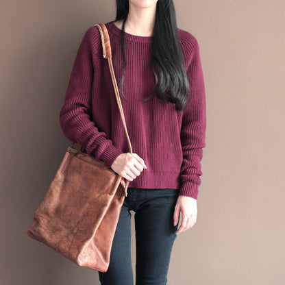 Winter Burgundy Cotton Sweater Tops Knit Blouse