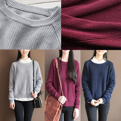Winter Burgundy Cotton Sweater Tops Knit Blouse