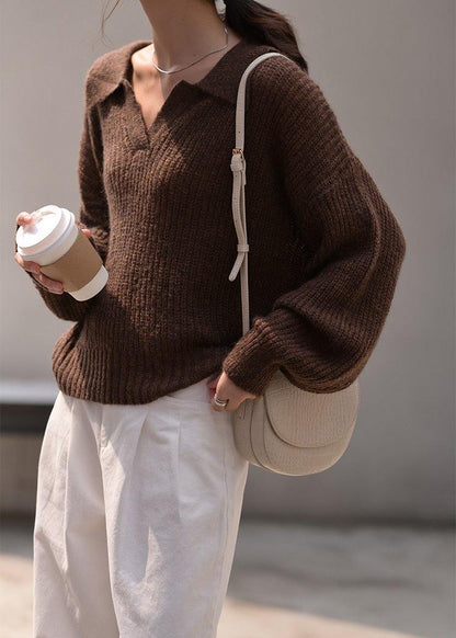 Winter Chocolate Knit Sweat Tops Oversize V Neck Long Sleeve Sweater Tops