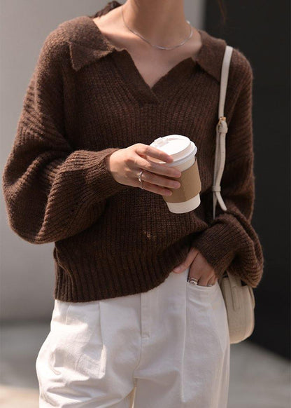 Winter Chocolate Knit Sweat Tops Oversize V Neck Long Sleeve Sweater Tops