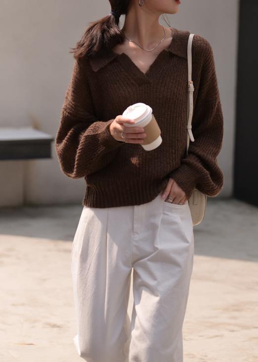 Winter Chocolate Knit Sweat Tops Oversize V Neck Long Sleeve Sweater Tops