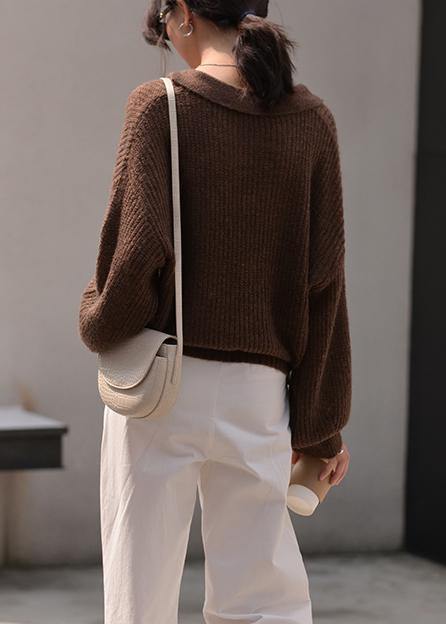 Winter Chocolate Knit Sweat Tops Oversize V Neck Long Sleeve Sweater Tops