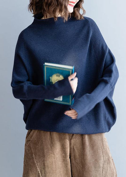 Winter Fall Dark Blue Knitted Blouse Clothing O Neck Batwing Sleeve Top