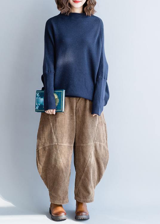 Winter Fall Dark Blue Knitted Blouse Clothing O Neck Batwing Sleeve Top