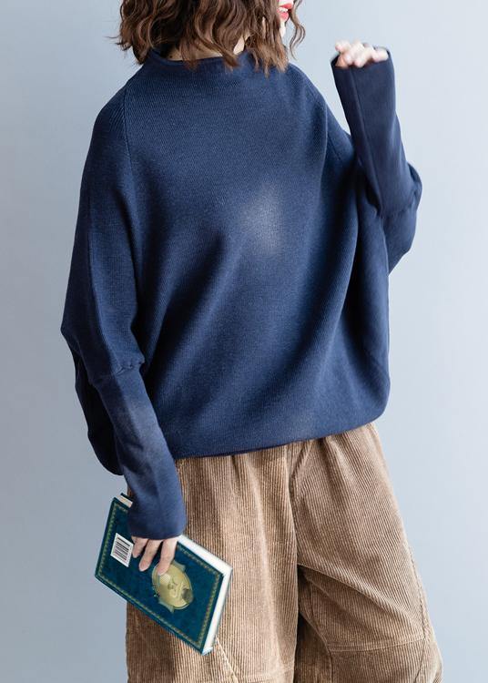 Winter Fall Dark Blue Knitted Blouse Clothing O Neck Batwing Sleeve Top
