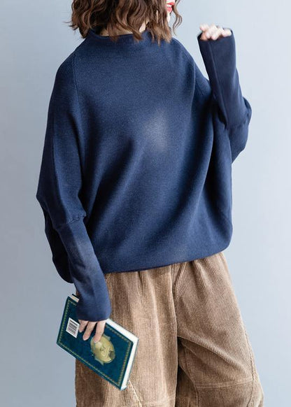 Winter Fall Dark Blue Knitted Blouse Clothing O Neck Batwing Sleeve Top