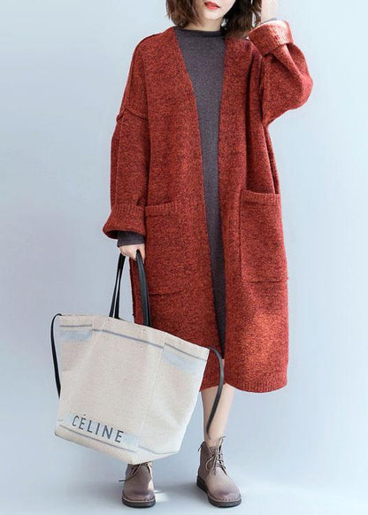 Winter Fall Sweaters Oversized Red Pockets Patchwork Sweater Coat