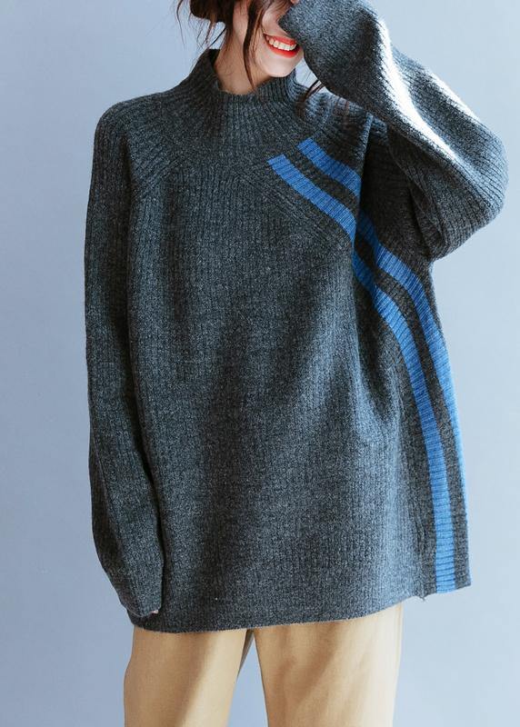 Winter Gray Striped Knit Blouse High Neck Loose Fitting Fall Knitwear