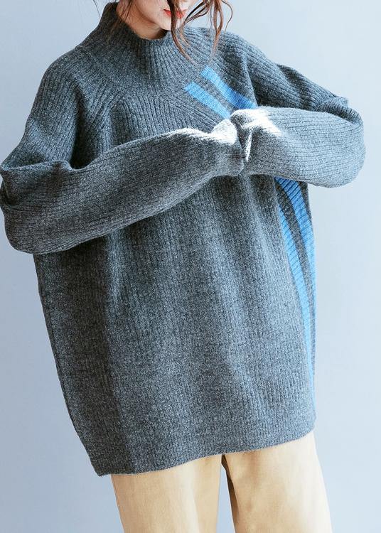 Winter Gray Striped Knit Blouse High Neck Loose Fitting Fall Knitwear