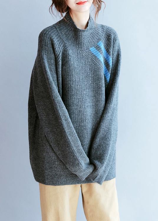 Winter Gray Striped Knit Blouse High Neck Loose Fitting Fall Knitwear