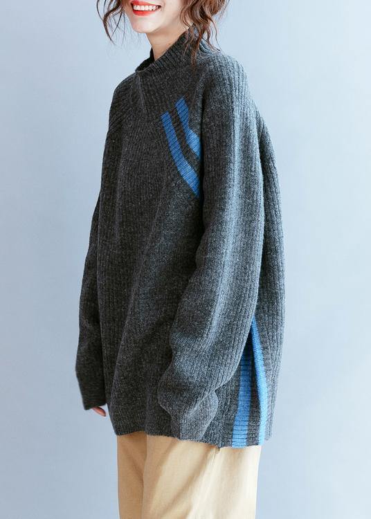 Winter Gray Striped Knit Blouse High Neck Loose Fitting Fall Knitwear