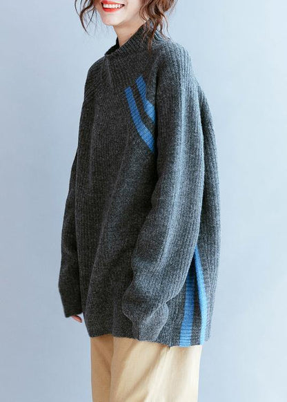 Winter Gray Striped Knit Blouse High Neck Loose Fitting Fall Knitwear