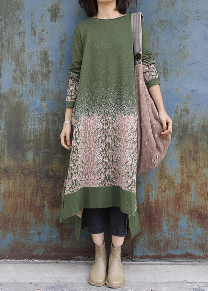 Winter Green Sweater Dresses Side Open Largo O Neck Sweater Dress
