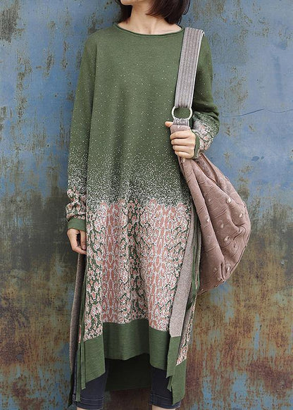 Winter Green Sweater Dresses Side Open Largo O Neck Sweater Dress