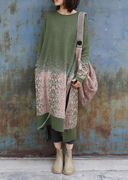 Winter Green Sweater Dresses Side Open Largo O Neck Sweater Dress