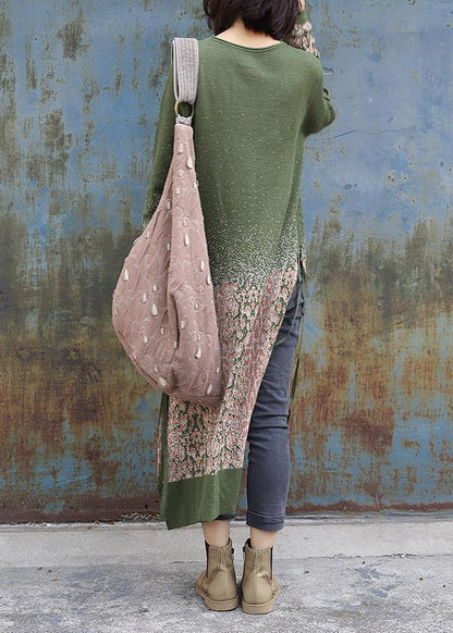 Winter Green Sweater Dresses Side Open Largo O Neck Sweater Dress