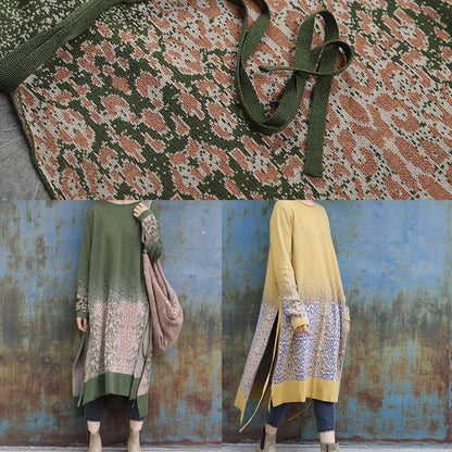 Winter Green Sweater Dresses Side Open Largo O Neck Sweater Dress