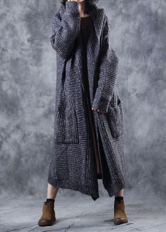 Winter Hooded Knitwear Clothing Gray Thick Big Pockets Knitted Cardigans