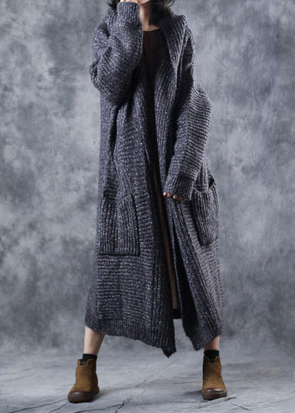 Winter Hooded Knitwear Clothing Gray Thick Big Pockets Knitted Cardigans