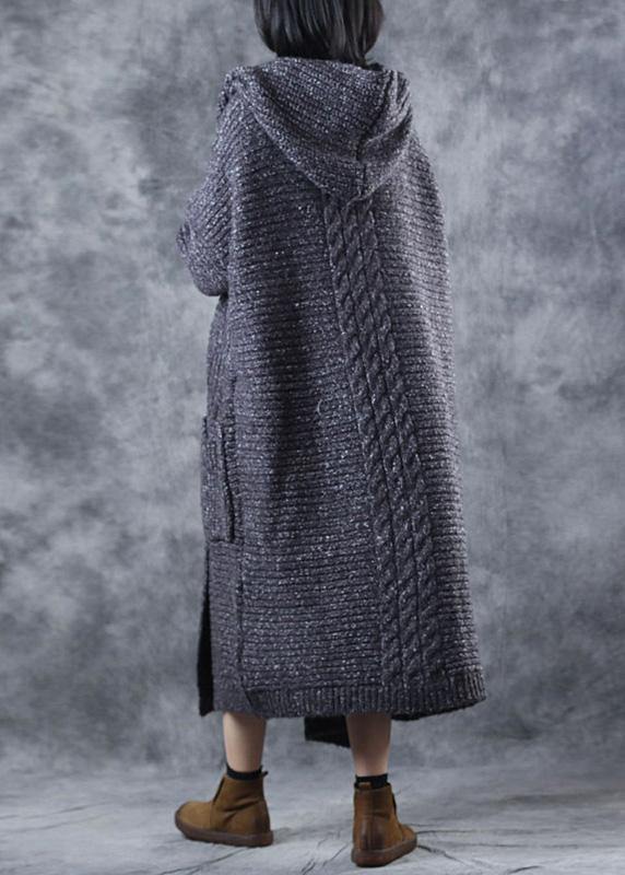 Winter Hooded Knitwear Clothing Gray Thick Big Pockets Knitted Cardigans