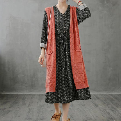 Winter Knitted Coat Orange V Neck Sleeveless Long Coats