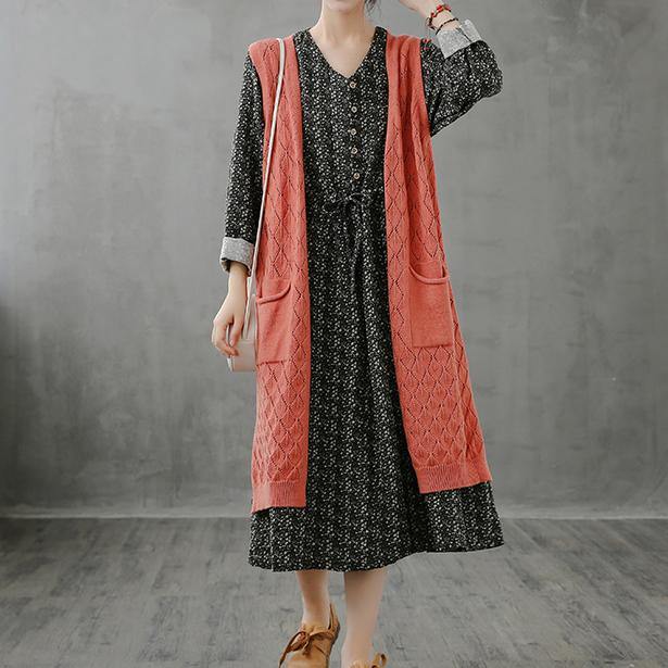 Winter Knitted Coat Orange V Neck Sleeveless Long Coats