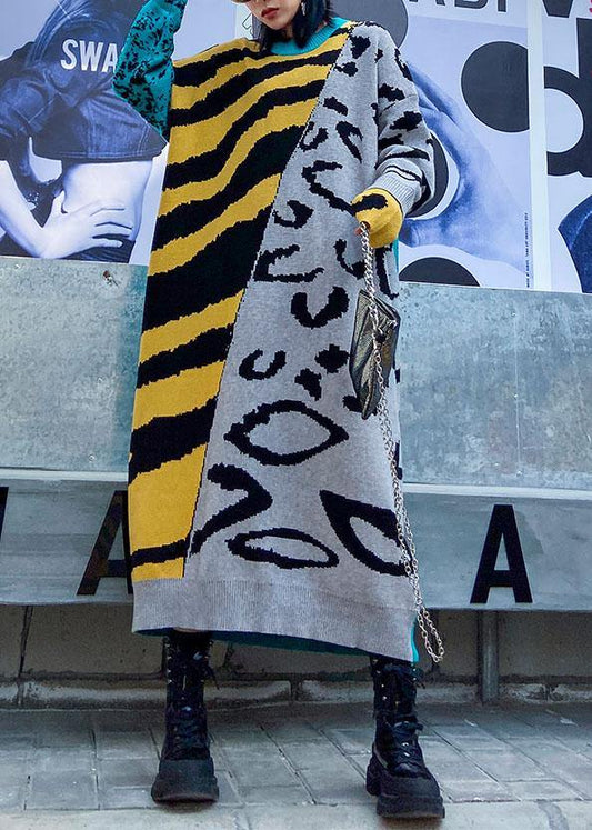 Winter O Neck Baggy Sweater Outfits Upcycle Yellow Print Tunic Knit Dresses