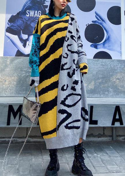 Winter O Neck Baggy Sweater Outfits Upcycle Yellow Print Tunic Knit Dresses