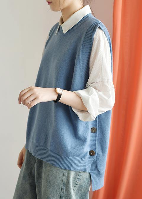 Winter O Neck Blue Knit Sweat Tops Low High Design Top Silhouette