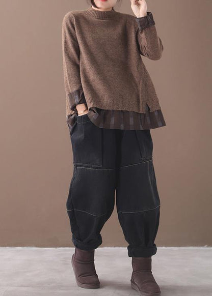 Winter O Neck Chocolate Knitwear False Two Pieces Knitted T Shirt