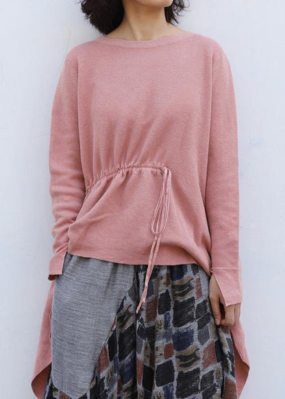 Winter O Neck Pink Knitted Blouse Clothing Drawstring Asymmetric Top