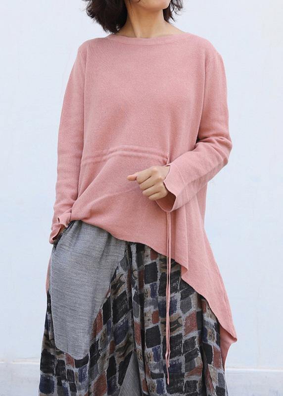 Winter O Neck Pink Knitted Blouse Clothing Drawstring Asymmetric Top