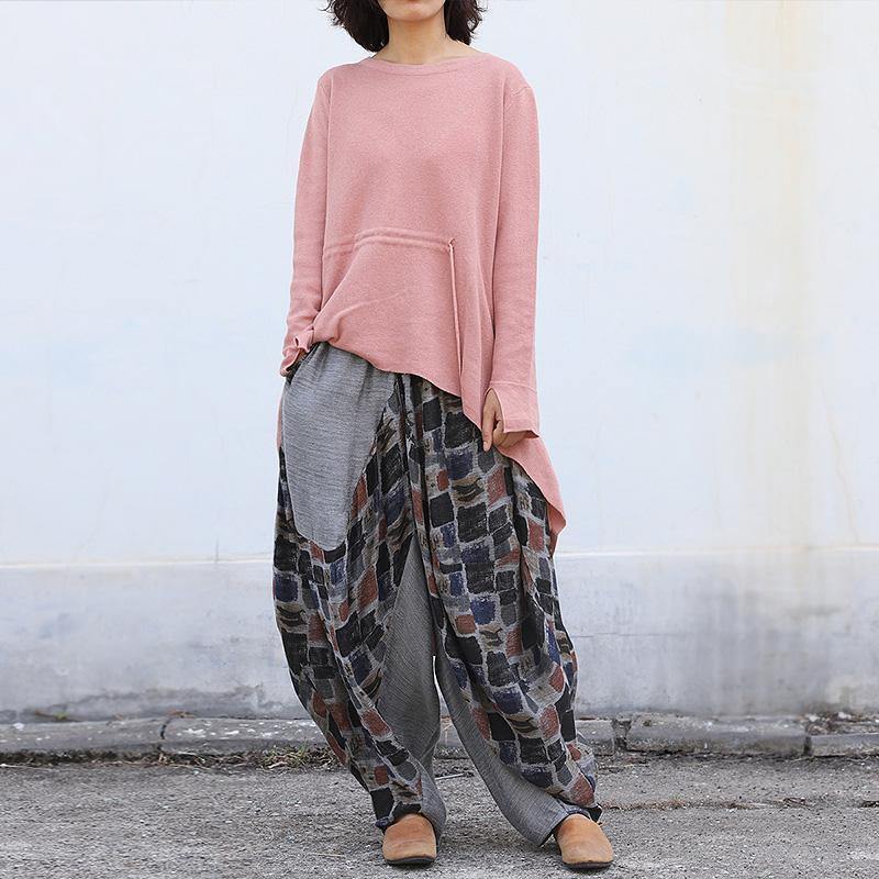 Winter O Neck Pink Knitted Blouse Clothing Drawstring Asymmetric Top