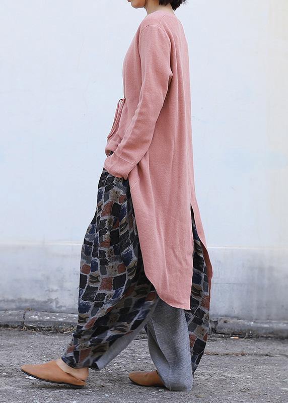Winter O Neck Pink Knitted Blouse Clothing Drawstring Asymmetric Top