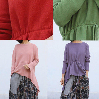 Winter O Neck Pink Knitted Blouse Clothing Drawstring Asymmetric Top