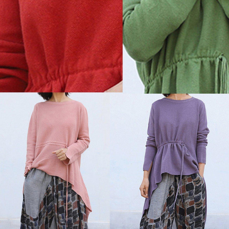 Winter O Neck Pink Knitted Blouse Clothing Drawstring Asymmetric Top