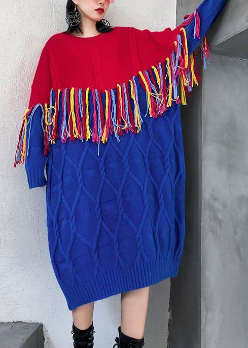 Winter O Neck Tassel Sweater Weather Blue Patchwork Red Mujer Knitwear