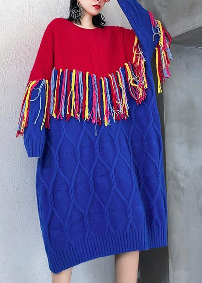 Winter O Neck Tassel Sweater Weather Blue Patchwork Red Mujer Knitwear