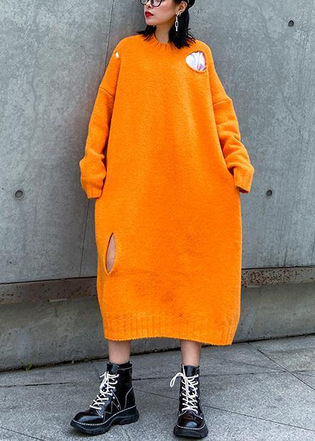 Winter Orange Sweater Knit Dress Street Style O Neck Hole Largo Sweater Dress